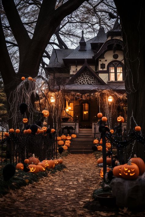 Halloween And Autumn Decor, House Decorated For Halloween Exterior, Halloween Decor Exterior House, Creepy Garden Halloween, Spooky Cozy Aesthetic, Halloween Victorian House, Halloween House Exterior Decor, Autumn Gothic Aesthetic, Houses Decorated For Halloween