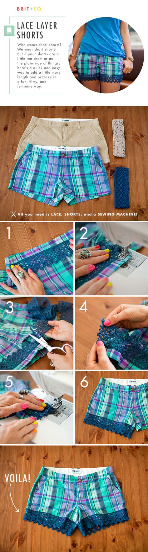 How to Make Lovely Lace Shorts | Brit + Co. Need this for daughters shorts Make Shorts Longer, Diy Clothing Ideas, Diy Lace Shorts, Diy Clothes Organiser, Diy Clothes Alterations, Clothes Alterations, Umgestaltete Shirts, Diy Clothes Refashion Videos, Diy Clothes For Women