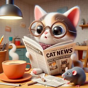 a pixer image vr 180 of A cartoon cat wearing glasses and reading a newspaper with the headline “Cat News” and a cup of coffee on the table, besides a rat is eating news paper - Image Creator from Microsoft Designer Reading A Newspaper, Cat Wearing Glasses, Paper Image, Newspaper Headlines, A Rat, News Paper, Wearing Glasses, A Cartoon, Cartoon Cat