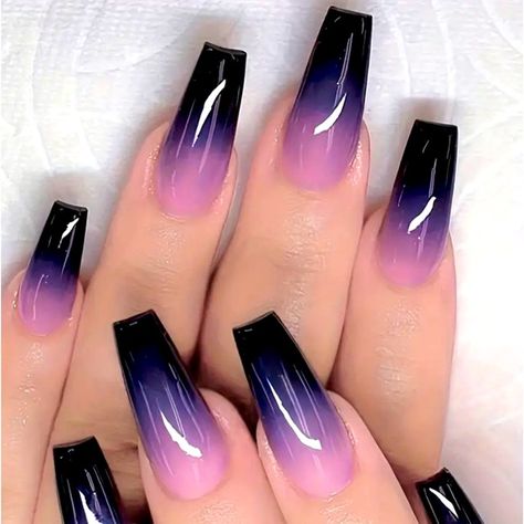 (Bundle 3 items or more) $5 24pcs set Glossy medium long fake nails. Purple Nail, Black And Purple Nails, Black Ombre Nails, Purple Ombre Nails, Acryl Nails, Witchy Nails, Purple Acrylic Nails, Goth Nails, Style Français