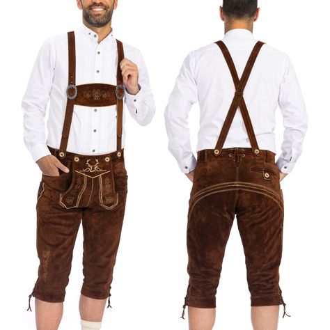 🍺 TRADITIONAL LEDERHOSEN DESIGN: These authentic leather knickerbocker pants for men come in the ORIGINAL design with gorgeous embroidery and are extremely comfortable to wear. Make them the centerpiece of your original Oktoberfest outfit! 🍺 PREMIUM QUALITY LEATHER: These traditional Mens German pants are made from 100% genuine cow suede, a superior quality material guaranteed to withstand the test of time. The high-quality stitching is extra-durable while the suspenders make sure everything stays put! 🍺 WHAT YOU NEED: With countless beer festivals and funfairs just around the corner, impress your friends and family with an authentic lederhosen costume with suspenders, the true traditional German design! 🍺 ULTRA-COMFORTABLE: This men's clothing comes with an old, rich Bavarian history Diy Lederhosen, Octoberfest Outfit, Mens Lederhosen, Lederhosen Costume, German Lederhosen, Gorilla Costumes, Mens Plaid Flannel, Oktoberfest Costume, German Outfit