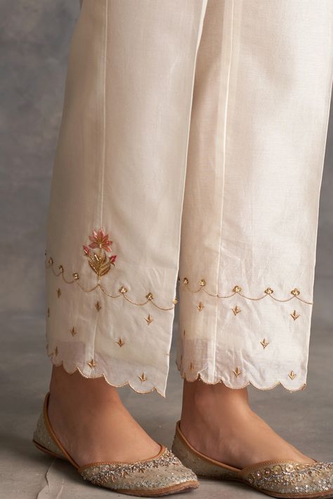 Buy White Silk Chanderi Pants For Women by Anantaa by Roohi Online at Aza Fashions. Kurta Bottom Design, Bottom Pants Design, Latest Pant Designs For Suits, Latest Pants Design For Kurti, Suit With Pants Indian, Bottom Designs Pants For Kurtis, Kurti Pants Design Latest, Pencil Pants Design For Kurti, Pant Designs For Kurti