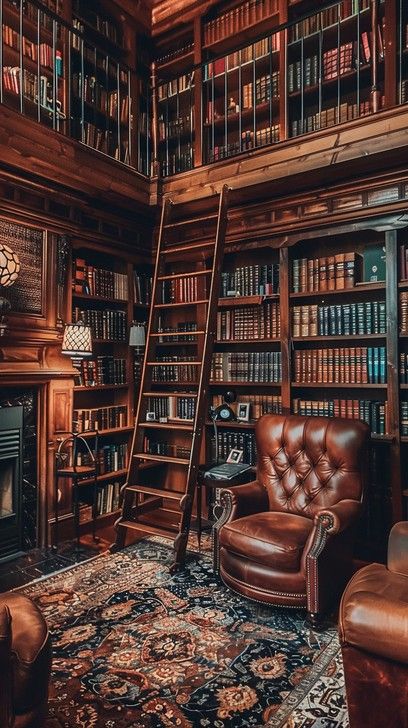 An elegant classic library filled with rich wooden bookshelves, a luxurious leather chair, and a vintage ladder. Light Acedamia Library, Bookshelf Study Room, Library And Gaming Room, Dream Home Library Cozy, Dark Academia Home Library Aesthetic, Dark Wood Home Library, Two Story Library Room, Home Library Bedroom, Cozy Home Office Library