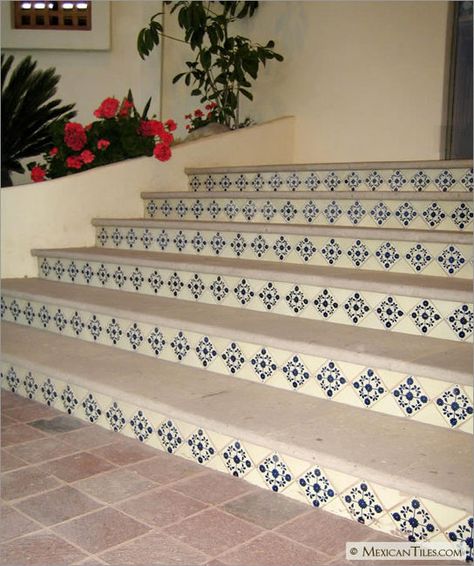 MexicanTiles.com - Stairs with Blue Marguerite Talavera Mexican Tile Talavera Tiles Stairs, Porcelain Stairs Tile Flooring, Stairs Wall Tiles Design, Talavera Stairs, Tile Stairs Indoor Staircases, Mexican Stairs, Mexican Tile Stairs, Staircase Flooring, Hacienda Interior