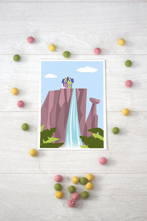 Disney Pixar Up Paradise Falls Mountain Waterfall by TeacupPiranha, £11.00 Yukari Bak, Up Pixar, Up The Movie, Kids Nursery Art, Paradise Falls, Mountain Waterfall, Up Theme, Disney Pixar Up, Disney Up