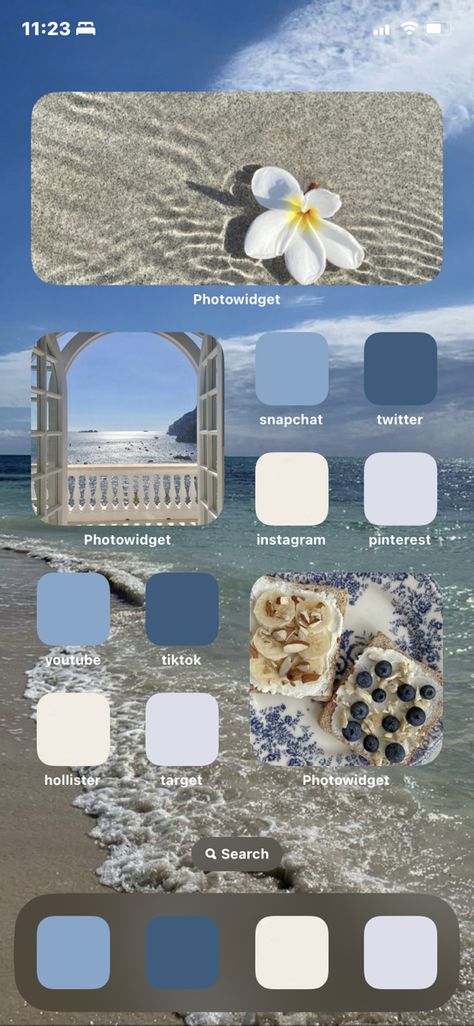 Summer Phone Inspiration, Ios Wallpaper Lock Screen, Beach Iphone Widgets, Navy Blue Ios 16 Homescreen, Summer Phone Screen Ideas, Coastal Iphone Layout, Aesthetic Phone Layout Blue, Summer Phone Design, Coastal Granddaughter Phone Layout