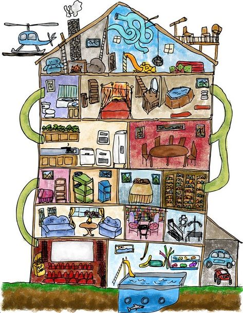 This is more of an activity than a game. You just draw your dream house, usually as fun and complex as you can imagine. We’re talking home theaters, indoor swimming pools, pet manatees…… Room Top View, Dream House Drawing, House Drawing For Kids, Dream Drawing, Design Your Own Home, Drawing Activities, House By The Sea, House Illustration, 수채화 그림