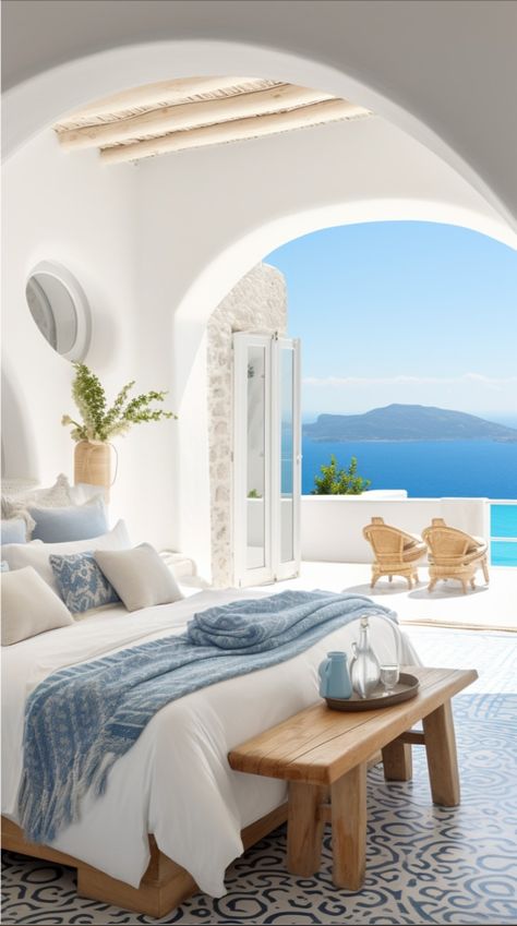 With less than 30 days left in Summer, we've dreamed up this beautiful Greek Villa.

Comment 🇬🇷 if you'd stay here!

#ari #amyrebekahinteriors #summer #greece #summervibes #summerhouse #greekhouse #greeksummer #summeringreece #summerinspiration #ai #aipicture #interiordesign #dreamhouse #vacation #summertime #blue #whiteinteriors #wood #pooltime #ocean Santorini Villa Interior, Santorini Greece Inspired Bedroom, Beach Home Furniture, Greek Aesthetic Interior Design, Greek Theme Interior Design, Mykonos Decor Interiors, Greek Holiday Home, Greek Style Room Bedrooms, Greece Houses Interior