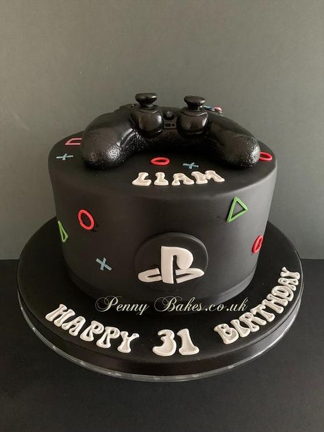 PlayStation cake by Penny Sue Birthday Cake Video Games, Gamers Cake Ideas, Playstation 4 Cake, Gaming Themed Cake, Gamer Cake Ideas For Men, Play Station Cakes For Boys, Ps4 Cake Ideas, Gaming Cakes For Men, Playstation Cakes For Boys