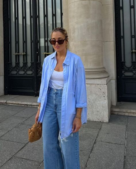 Denim Polo Outfit Women, Denim Polo Outfit, Blue Polo Shirt Outfit Women, Boyfriend Shirt Outfits, Blue Shirt Outfits, Shirt Outfit Summer, Blue Shirt Women, Polo Shirt Outfits, Shirt Outfit Women