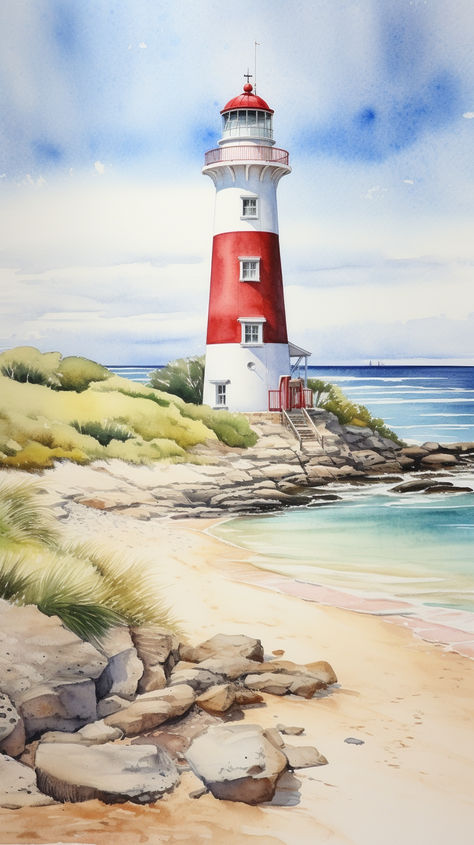 Embrace the peaceful radiance and guiding comfort of a lighthouse Lighthouse Beach Painting, Watercolor Paintings Sea Beach, Light Houses Painting, Beach Hut Painting, Lighthouse Acrylic Painting, Lighthouse Painting Easy, Light House Watercolor, Lighthouse Painting Acrylic, Lighthouses Painting