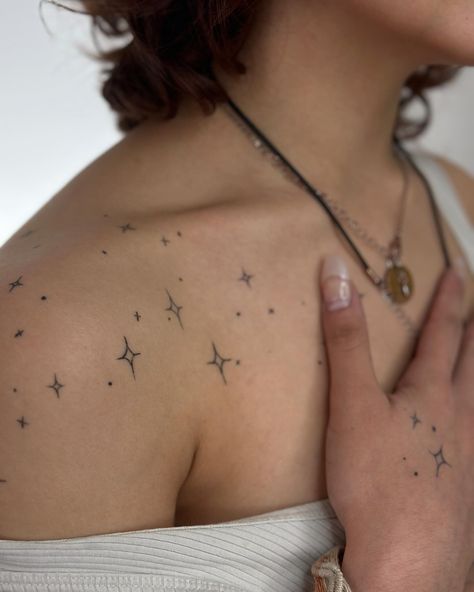 Small Star Tattoos On Shoulder, Celestial Stars Tattoo, Star Tattoos Shoulder For Women, Constellation Arm Tattoo, Star Mole Tattoo, Dots And Stars Tattoo Filler, Star On Shoulder Tattoo, Star Tattoos Chest, Star Shoulder Tattoos For Women