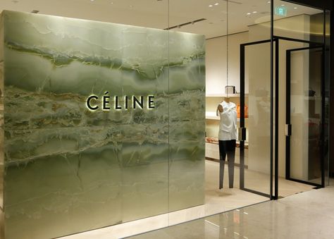 Logo On Wall, Celine Store, Marble Inspiration, Stone Projects, China Shanghai, Store Signage, Store Concept, Jewelry Store Design, Showroom Interior Design