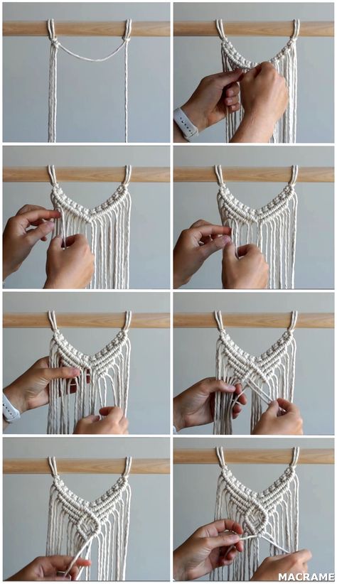 Centre Wall Hanging Pattern Using Double Half Hitch Knots! – CSHEB Macrame Circle Wall Hanging Diy, Macrame Wall Hanger Pattern, Small Macrame Projects Tutorial, Macrame Curtain Diy Pattern Free, Small Macrame Projects Free Pattern, Macrame Tutorial Wall Hanging, Macrame Wall Hanging Patterns Tutorials, Macrame Tutorial Video, Cute Macrame Ideas