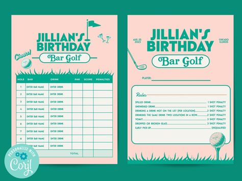 Golf Themed Bar Crawl, Bar Crawl Birthday Ideas, Score Card Design, Bar Golf Scorecard, 30th Birthday Bar Crawl, Golf Bar Crawl, Golf Pub Crawl, Pub Golf Scorecard, Golf Score Card