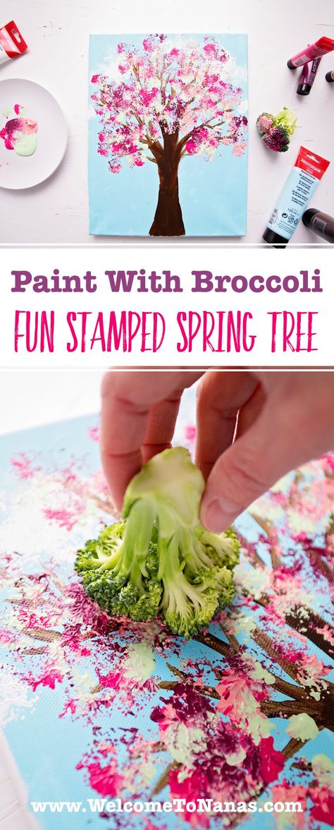 Spring Themed Crafts For Toddlers, Spring Craft Activities For Preschoolers, Spring Crafts Eyfs, Toddler May Crafts, Spring Activities For Kids Toddlers, Broccoli Painting Preschool, Spring Art Activities Preschool, Spring Activity Ideas, Paint With Broccoli