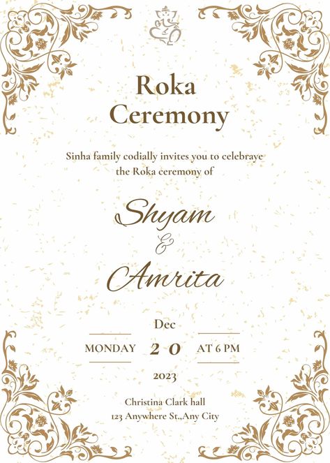 Golden Roka ceremony invitation Roka Invite Ideas, Roka Invitation Card Design, Friends Invitation Card For Wedding, Roka Ceremony Invite, Engagement Invitation Card Background, Roka Ceremony Invitation Card, Engagement Card Design Invitation Ideas, Roka Invitation, Roka Ceremony Outfits