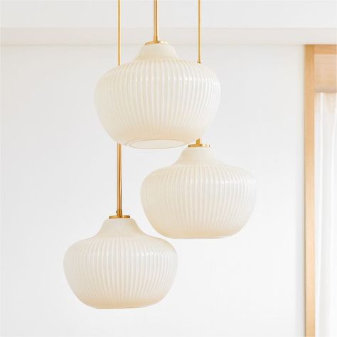 Sculptural Glass 3-Light Ribbed Chandelier (17"–21") | West Elm Light Fixtures Stairwell, Cb2 Pendant Light, Dining Room Chandelier Mid Century Modern, Mid Century Entry Chandelier, Simple Kitchen Chandelier, Overhead Lighting Dining Room, Ribbed Glass Lighting, Dining Room Hanging Light Fixtures, Modern Organic Lighting Fixtures