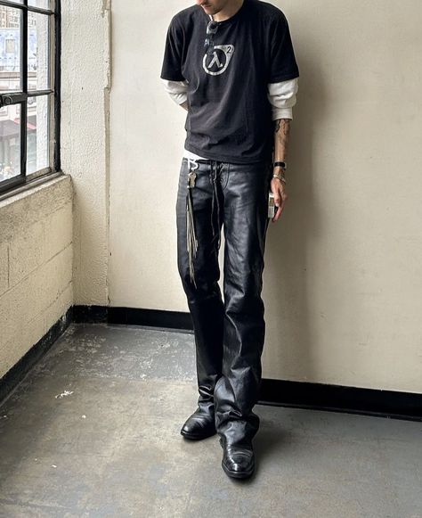 Mens Rocker Fashion, Cybergoth Men Fashion, Sweatband Outfit, Leather Daddy Fashion, Goth Men Aesthetic, Rockstar Fashion Men, Rock Star Outfit For Men, Rock Clothes Men, Metal Head Outfits Men