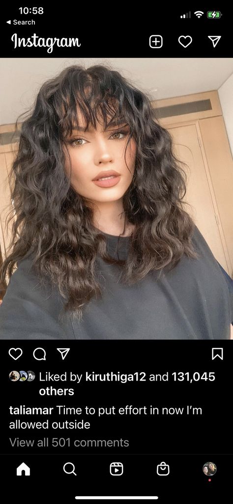 Shaggy Curly Wavy Hair, Bangs On Thick Curly Hair, Balayage, Long Bangs With Medium Curly Hair, Curly Hair With Wispy Bangs And Layers, Wavy Perm With Bangs, Wavy Hair Bangs Natural, Long Layered Haircuts Curtain Bangs Curly Hair, Haircuts 2023 Trends Curly