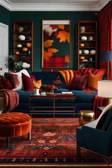 Moody fall decorating inspiration. Fall decor. Autumn decorating ideas. Decorating inspo. Moody traditional design. Pumpkin. Jewel Tones Interior Design Living Room, Living Room Blue Sofa Colour Schemes, Harry Potter Living Room Decor Ideas, Rich Colors Living Room Jewel Tones, Rich Tones Living Room, Colorful Interior Design Living Room, Marigold Living Room, Traditional Eclectic Home Decor, Moody Maximalist Decor Living Room