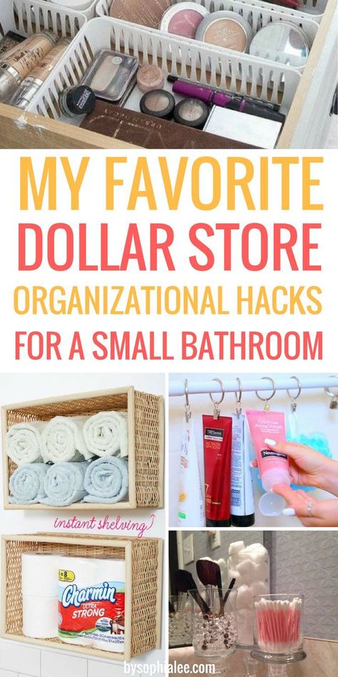 These are the best dollar tips I have seen!! If you have a small bathroom like me, you have to check these out!! Dollar Store Organization Hacks, Dollar Store Organization, Diy Bathroom Storage Ideas, Organized Bathroom, Bathroom Organization Hacks, Dollar Tree Organization, Organizational Hacks, Sophia Lee, Dollar Store Diy Organization