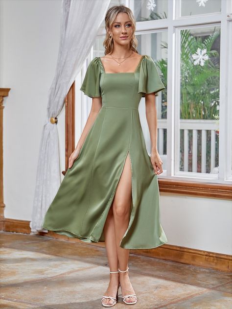 Lime Green Elegant Short Sleeve Satin Plain A Line Embellished Non-Stretch Spring/Summer Weddings & Events Sage Green Dresses Casual, Christmas Banquet Dresses, Sage Green Dress Casual, Satin Dress Outfit Casual, Satin Dress With Sleeves, Bridesmaid Satin Dresses, Satin Dress Outfit, Bridesmaid Satin, Green Satin Dress