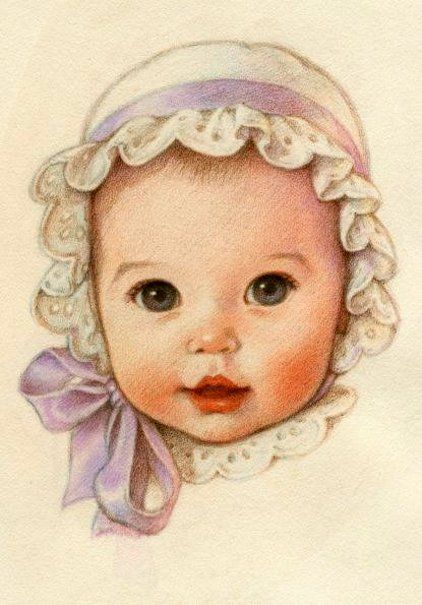 Kathy Lawrence (1945) | AMERICAN GALLERY - 21st Century How To Draw A Baby Face, Baby Portraits Drawing, Baby Sketch Pencil Drawings, Baby Drawing Sketches, Baby Face Drawing, Baby Sketch, Baby Illustration, Retro Baby, Baby Drawing