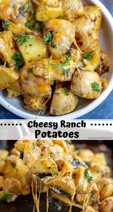 This Cheesy Ranch Potatoes Recipe is a super simple side dish idea. Potatoes tossed with dry ranch mix then roasted. Top with melty cheese for the ultimate comfort food! #ranchpotatoes #potatorecipes #sidedishideas #sidedishrecipes #potatosidedishes #cheesyrecipes Ranch Potato Recipes, Cheesy Ranch Potatoes, Dry Ranch Mix, Cheesy Ranch, Ranch Potatoes, Ranch Mix, Potato Recipes Side Dishes, Melty Cheese, Potato Sides