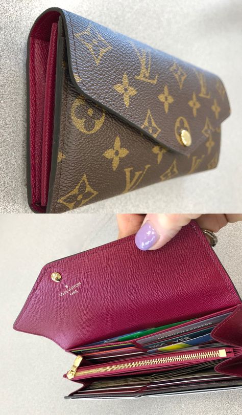 Louis Vuitton Sarah Wallet in Monogram and Fuchsia. LOVE how neat and organized this wallet is! There are 16 credit card slots, a zipper compartment for change and slip pockets for extra papers, license, coupons, etc. GREAT WALLET! Luis Vuitton Wallet Women, Luxury Wallet Women Louis Vuitton, Louis Vuitton Wallets Women, Lv Sarah Wallet, Big Wallets For Women, Louis Vuitton Wallet Aesthetic, Lv Wallet Women, Luxury Wallet Women, Luis Vuitton Wallet