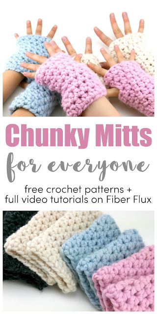 Chunky Mitts for Everyone, free crochet pattern + full video tutorial on Fiber Flux Amigurumi Patterns, Crochet Fingerless Gloves Free Pattern, Crochet Hand Warmers, Crochet Mitts, Mittens Crochet, Crochet Mittens Free Pattern, Crochet Wrist Warmers, Crochet Mittens Pattern, Fingerless Gloves Crochet Pattern