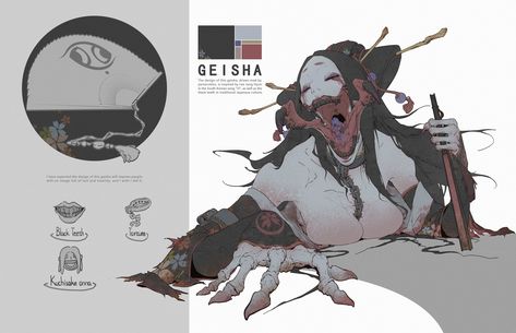 ArtStation - Feudal Japan-Geisha, Jiacheng Bao 다크 판타지, Monster Concept Art, Monster Design, Creature Concept Art, 판타지 아트, Arte Horror, Creature Concept, Monster Art, 영감을 주는 캐릭터