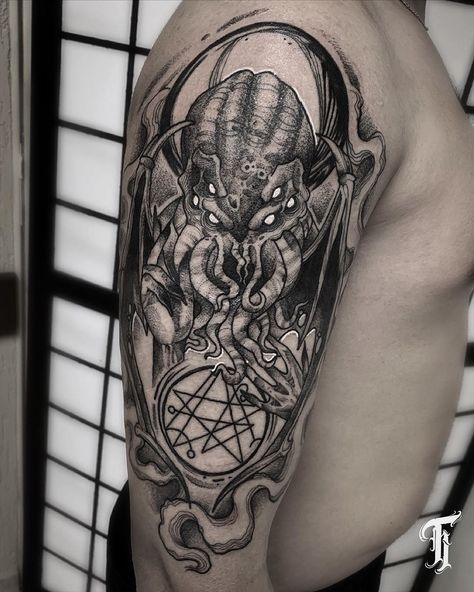 101 Amazing Cthulhu Tattoo Designs You Need To See! | Outsons | Men's Fashion Tips And Style Guide For 2020 Heavy Metal Tattoo Ideas For Men, Underworld Tattoo Greek Mythology, Groin Tattoos Men, Necronomicon Tattoo, Cthulhu Tattoo, Lower Belly Tattoos, Dark Mark Tattoos, Monster Tattoo, Belly Tattoos