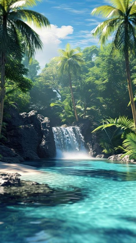 Tropical landscape vegetation waterfall. | free image by rawpixel.com / Sataphorn Srijantra Beautiful Waterfalls Wallpaper, Pretty Waterfall, Beautiful Landscape Pictures, Beautiful Paintings Of Nature, Waterfall Scenery, Fall Photography Nature, Waterfall Wallpaper, Waterfall Pictures, Waterfall Art