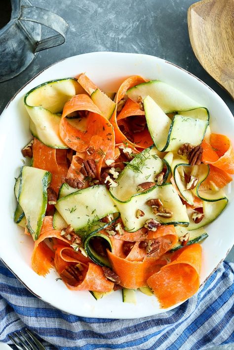 Shaved Vegetable Salad Recipe with tangy dill dressing #recipes #healthyrecipes #vegetarian #glutenfree #easy #quick #summer #salad #vegetables #zucchini #carrots #yogurt Vegetable Salad, Salad Vegetables, Dill Dressing, Vegetable Salad Recipes, Vegan Mexican Recipes, Walnut Recipes, Meatless Dinner, Side Dish Recipes Easy, Carrot Salad