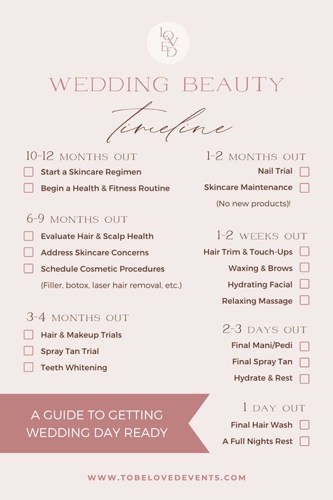 Bride Self Care Checklist, Bride To Be Checklist, Bride Checklist Timeline, Wedding Bride Checklist, Bride To Be To Do List, Skincare Routine For Bride To Be, Beauty Timeline For Wedding, Wedding Self Care Timeline, Pre Wedding Facial Skin Care