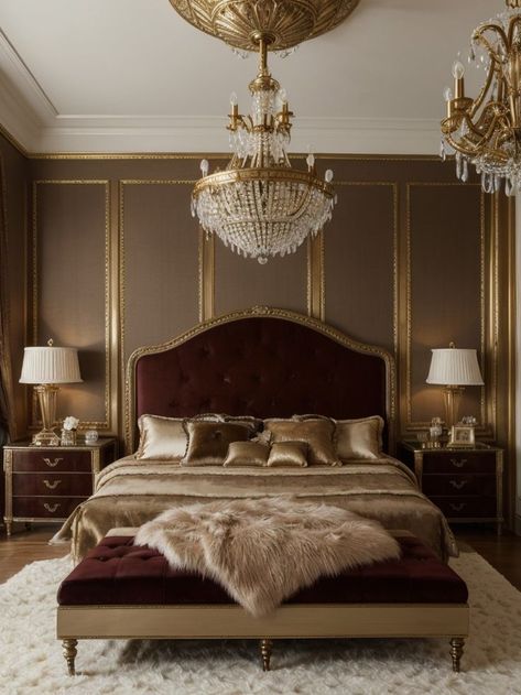 Bring an opulent touch to your bedroom aesthetic with a velvet tufted headboard, antique brass accents, and a plush faux fur rug. Complete the look with a crystal chandelier and rich, mahogany furniture for that old money charm. Arabian Bedroom, Bedroom Aesthetic Dark, Velvet Tufted Headboard, Burgundy Bedroom, Mahogany Furniture, Luxury Bedroom Design, Smart Home Design, Faux Fur Rug, Fur Rug