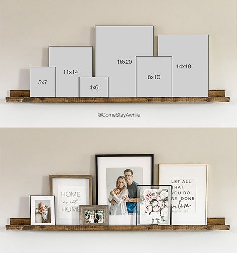 Build your own picture ledge for less than $20. It is SO easy and will look amazing in any space. See link for frame sizing guide Picture Ledge With Sconces, Modern Above Couch Decor, Wall Along Stairs Decor, Picture Frames On Floating Shelves, Tv Electronics Storage Ideas, Picture Shelf Above Sofa, Entry Wall Decor Ideas Front Entrances, Cozy Wall Decor, House Design Decor