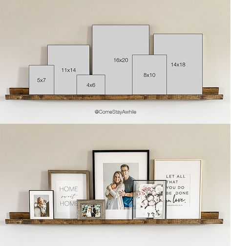 Build your own picture ledge for less than $20. It is SO easy and will look amazing in any space. See link for frame sizing guide Picture Ledge Inspiration, Modern Above Couch Decor, Photo Gallery Shelves, Tv Electronics Storage Ideas, Engagement Photos Wall Decor, Modern Farmhouse Apartment Decor, Accent Walls In Living Room With Tv, How To Decorate A Large Wall, House Design Decor