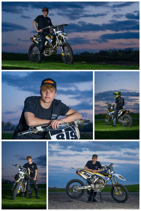 Senior Picture Ideas Motocross, Senior Picture Ideas With Dirtbikes, Senior Picture Motorcycle, Dirt Bike Senior Photos, Senior Pictures Dirt Bike, Senior Dirt Bike Pictures, Senior Picture Ideas For Guys Motorcycle, Senior Photos With Motorcycle, Dirtbike Senior Photos