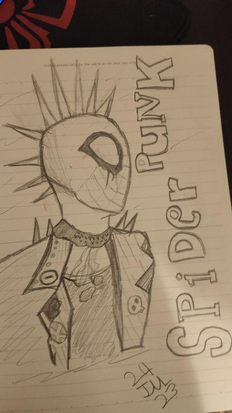 Spider Punk Easy Drawing, Spider Punk Drawing Easy, Spiderman Punk Drawing, How To Draw Spider Punk, Spidergwen Drawing Sketches, Spider Punk Doodle, Spider Punk Drawing Sketch, Spider Cute Drawing, Spider Punk Sketch