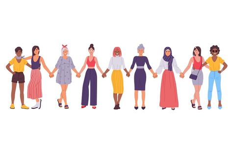 Women holding hands, girlfriends standing together, sisterhood concept. Diverse group of female friends, girl friendship vector illustration. United international characters movement Women Holding Hands Illustration, Group Of Women Illustration, Friends Standing Together, Notion Wallpaper, Group Of Female Friends, Women Holding Hands, Friends Holding Hands, Women Community, Diverse Women