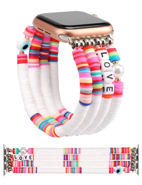 PRICES MAY VARY. So cute for daily! - The boho bracelet bands for Apple Watch are made of clay polymer, no fade, waterproof, lightweight and comfortable to wear. Paired this heishi beaded bracelet band to your daily life This colorful heishi beads stretch bracelet band for apple watch is the perfect way to add a beautiful detail to your favorite outfits this season! It is perfect for lots of occasions, such as at home, street, beach, maxi, bikini, t-shirt, sweater and so on. You can choose one a Cool Apple Watch Bands, Necklace Clay, Clay Bead Necklace, Apple Watch Nike, Watch Band Bracelet, Bracelet Inspo, Preppy Jewelry, Boho Fashion Summer, Clay Polymer