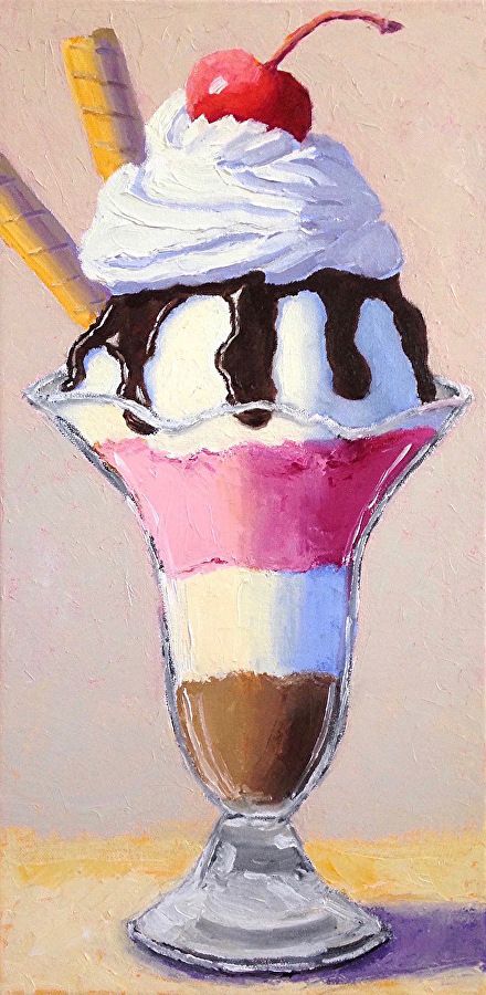 Neopolitan Sundae by Pat Doherty Dessert Art Painting, Acrylic Painting Ice Cream, Oil Pastel Ice Cream Drawing, Oil Pastel Ice Cream, Ice Cream Oil Pastel Art, Ice Cream Sundae Painting, Sweets Painting Art, Ice Cream Acrylic Painting, Paintings Of Cakes