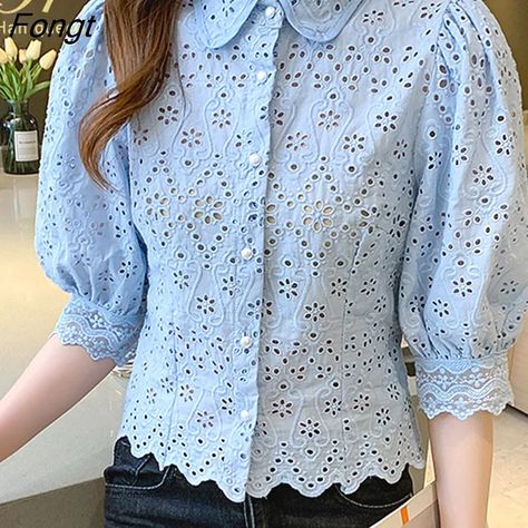 Fongt Han Queen Summer Blusas Basic Office Lady Blusas Vintage Lace Tops Elegant Chiffon Blouse Women Loose Hollow Out Casual Shirts Couture, Queen Summer, Fashion Top Outfits, Women Blouses Fashion, Fashion Tops Blouse, Blouse Models, Y2k Aesthetic Outfits, Blouse Women, Summer Fabrics