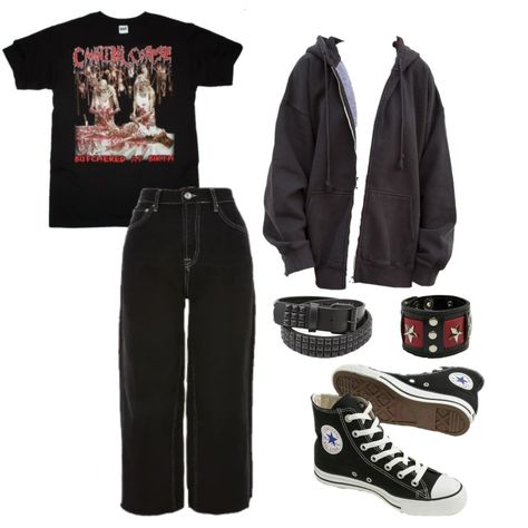 Metal Tee Outfit, Metalhead Clothes Man, Grunge Ideas Diy, Grunge Metal Outfit, Rock Outfits For Men, Metalhead Dress, My Metal Outfits, Black Metal Aesthetic Outfit, Punk Rock 2000s