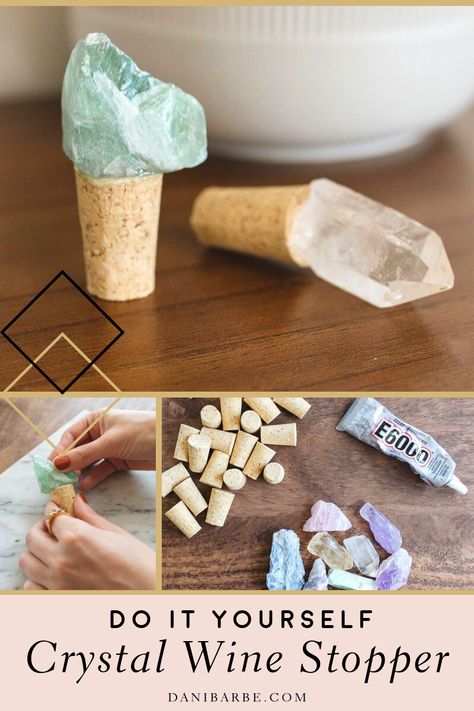 These DIY Crystal Wine Stoppers make a PERFECT gift for any crystal lover. Follow these quick and easy step-by-step directions to make these trendy and beautiful gemstone wine stoppers to have as a gift idea, or for you to use at girls night! #DaniBarbe #Crystals #DIYWineBottleCrafts #WineStoppers #CrystalsAndGemstones Craft With Crystals, Crystal Magnets Diy, Crystal Ideas Diy, Diy Gemstone Decor, Crystal Wands Diy How To Make, Diy Metaphysical Crafts, Crystal Gifts For Him, Quartz Crystal Crafts, Gemstone Crafts Ideas