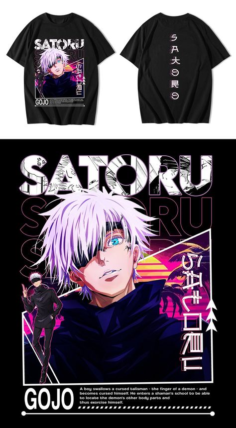 Anime T-Shirt Designs Gojo, Sukuna, and Tanjiro Gojo Satoru Name Logo, Gojo Satoru Anime, Edit Tools, Gojo Sukuna, Anime Gojo, Manga Meme, Gojo Jjk, Tshirt Artwork, Customised Clothes