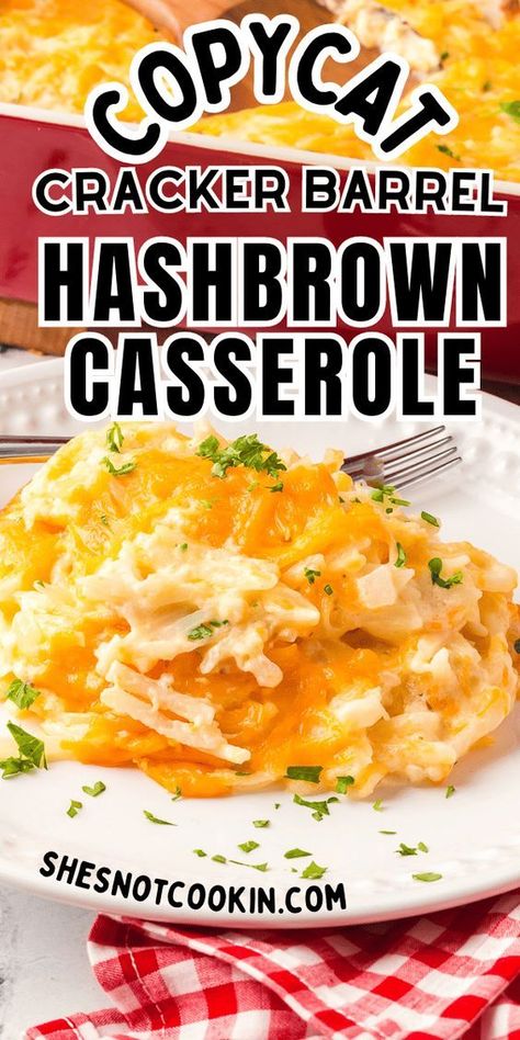 This Copycat Cracker Barrel Hashbrown Casserole has only seven simple ingredients and takes five minutes prep time. Serve it with breakfast, brunch or dinner. This easy side dish recipe is always a crowd-pleaser! Copycat Hashbrown Casserole Cracker Barrel, Cheesy Hashbrown Casserole Cracker Barrel, Side Dishes With Hashbrowns, Cheesy Potatoes Cracker Barrel, Crockpot Cracker Barrel Hashbrown Casserole, Copycat Cracker Barrel Potato Casserole, Cracker Barrel Cheesy Hashbrowns, Ritz Cracker Hashbrown Casserole, Copycat Hashbrown Casserole Barrels