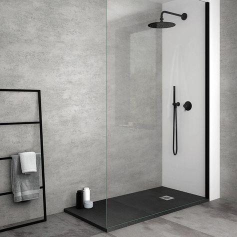 Shower With Tray Floor, Slate Effect Shower Tray, Shower Tray Ideas Walk In, Black Shower Tray Bathroom Ideas, Bathroom Simple Ideas, Slate Shower Ideas, Grey Shower Room, Grey Shower Tray, Shower With Tray